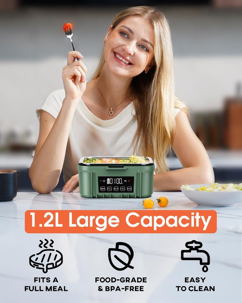 FERVINOW Cordless Electric Lunch Box for Adults – Battery-Powered Heated Lunch Box with 1.2L Stainless Steel Container, Timer Function, and Leak-Proof Food Warmer for Work, Travel & Office(Pine Green) - Image 3